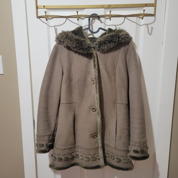 Vintage y2k olive green faux fur trim lined hooded suede winter coat small - Picture 2 of 11